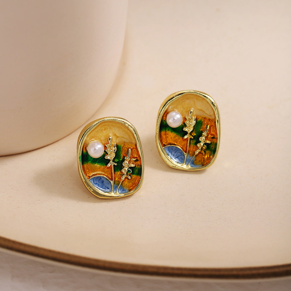 Wholesale Silver Needle French Retro Art Oil Painting Wheat Ear Earrings